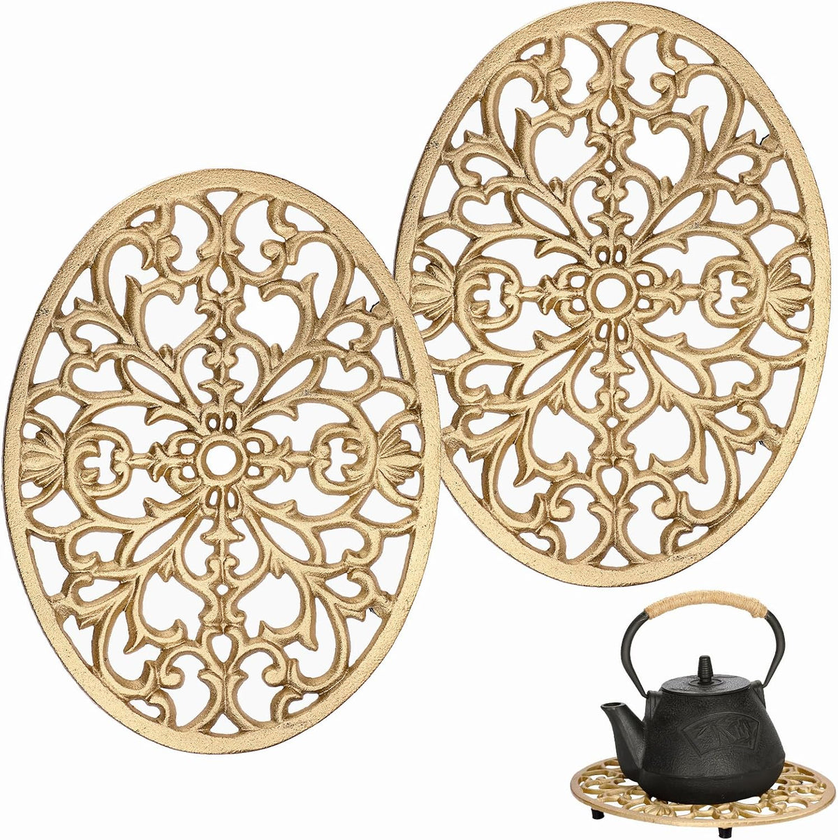 2 Pack Cast Iron Trivets, Decorative Oval Metal Trivets, 9.6"x7.3", Gold