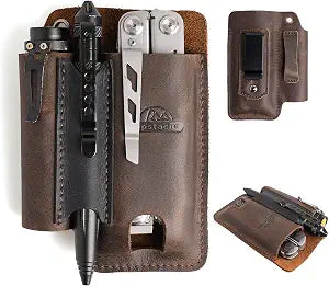 Topstache Leather Multitool Sheath with Belt Clip - Multi Tool Holster for Belt - EDC Belt Organizer Fits Multitool, Flashlight, Pen - Leather EDC Pouch, DarkBrown