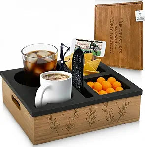 Couch Cup Holder and Serving Tray , Anti- Spill Couch Caddy , Silicone Paulownia Wood Cup Holder for Couch , Proof Couch Caddy Practical for Drinks ,Snacks, Remote Control, Rotatable Phone Holder.