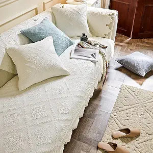 vctops Neutral Cotton Quilted Couch Sofa Cover Floral Embroidery Non-Slip Sectional Couch Covers Soft Cozy Sofa Slipcover for Dogs Cats Pet Armrest Backrest Cover (Cream,28"x70")