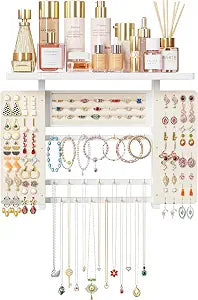 Emfogo Jewelry Organizer Hanging Wall Mounted Jewelry Holder, 5-in-1 Large Capacity Necklace Organizer Wall Hanging Jewelry Display for Ring, Necklaces, Bracelets, Earrings (White)