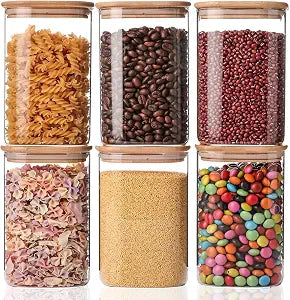 Liuruiyu 6 Pack Glass Food Storage Jars 37 oz,Glass Storage Containers Clear Glass Food Canister with Bamboo Lid Airtight For Serving Tea, Coffee, Flour, Sugar, Candy, Cookie, Spice and More (Square)