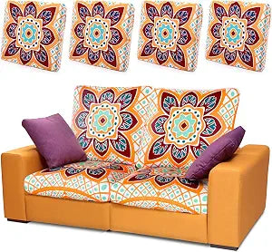 Hahafelt 4 Pcs Stretch Patio Cushion Covers Outdoor Sofa Cushion Replacement Printed Bohemian Floral Sofa Seat Soft Couch Covers with Elastic Bottom