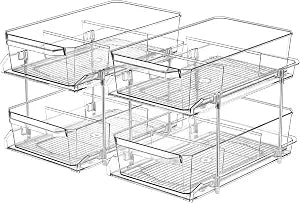 2 Set, 2 Tier Clear Organizer with Dividers for Cabinet, Shlef, Counter - MultiUse Slide-Out Storage Container - Kitchen, Pantry, Medicine Cupboard Bins, Bathroom, Vanity Makeup, Under Sink Organizing