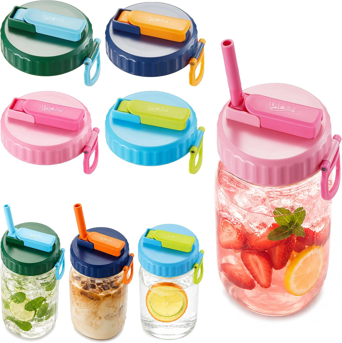 ORIGINAL CREATOR - DIPESI 4 Pack Wide Mouth Mason Jar Drinking Lids, Leak-Proof Covers for Drinking or Storage, Mason Jar Lids with Straw Fits Mason Jars