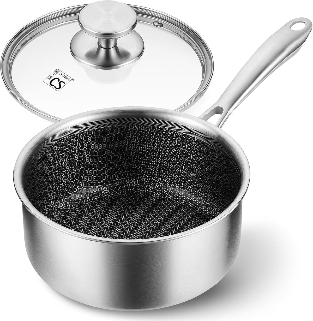 KOCH SYSTEME CS Hybrid Nonstick Stainless Steel Saucepan, 2 Quart Tri-Ply Stainless Steel Sauce Pan with Nonstick Honeycomb Interior, Hybrid Sauce Pan with Lid, Small Steel Pot, Induction Compatible