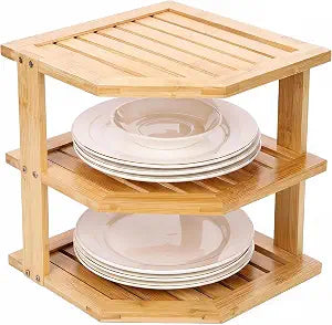 Plate Organizer for Cabinet, 3-Tier Bamboo Corner Shelf, Kitchen Cabinet