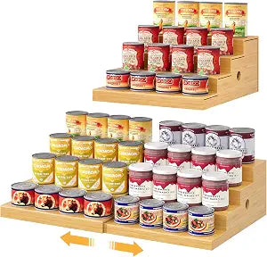 4-Tier Expandable Bamboo Can Storage Rack for Pantry, Holds Up to 32 Cans