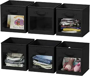 SpaceAid Storage Cubes with Clear Windows, Set of 6 Fabric Bins, 11 Inch Foldable Baskets Boxes for Closet, Cubby Shelf or Cube Storage Organizer, Black