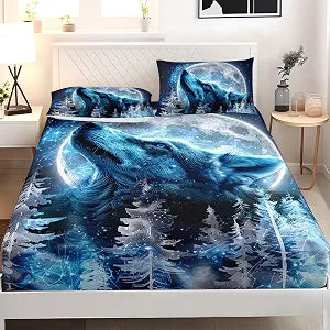 AILONEN Boys Twin Bed Sheet Set - Starry Moon Wolf Printed Fitted Sheet with 2 Pillowcases, 3Pcs