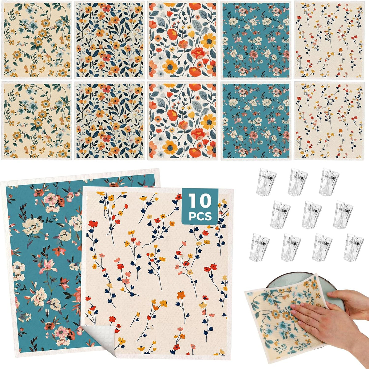 wlich 10 Pack Swedish Dishcloths, Reusable Kitchen Towels with Clips, Plant