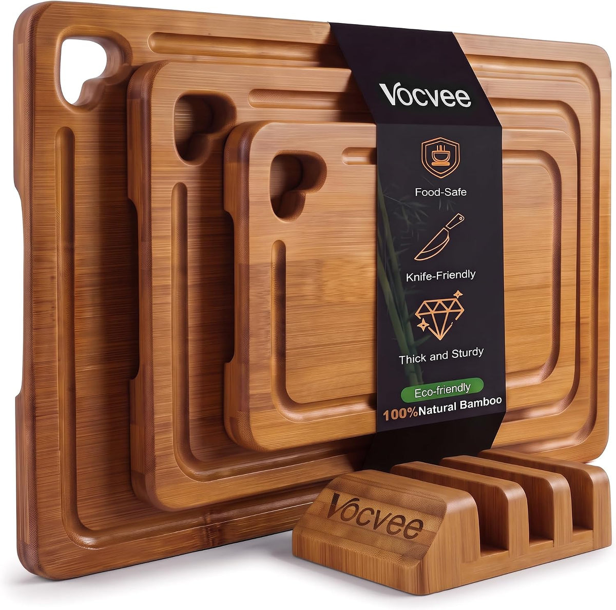 Bamboo Cutting Boards for Kitchen(Set of 3), Wood Cutting Board with Wood Storage Stand, Charcuterie & Chopping Board for Vegetables and Meat, with Deep Juice Groove, Ideal Kitchen Gifts