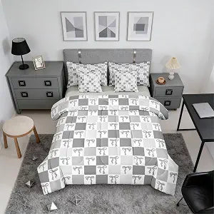 Erosebridal Square 7 Piece Bedding Set Twin Bow Comforter Set with Sheets Bowknot Kawaii Girls Cute Bed in a Bag Plaid Check Aesthetic Grey for Kids Girls Women