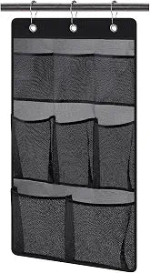 KIMBORA Mesh Shower Caddy Hanging Bathroom Organizer Storage with 2 Large Pockets 3 Rings Hang Curtain Rod for Dorm Cruise RV, Black