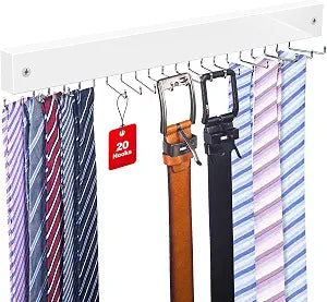 Tie Rack Wall Mounted, Tie Rack with 20 Storage Hooks, Belt Hanger for Wall
