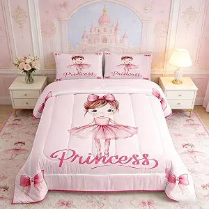 Manfei Princess Comforter Set Queen Size, Cute Ballerina Girl Bedding Set for Kids Princess Room Decor, Pink Bowknot Print Down Comforter, Soft Polyester Quilt Set, 2 Pillowcases