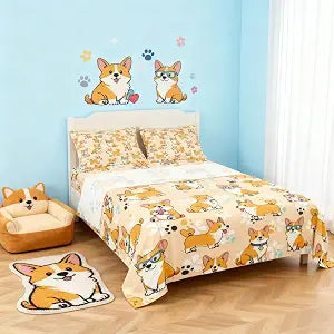 Homewish Cute Corgi Sheet Set Twin,Cartoon Dog Paw Bedding Set for Kids Teens Girls Boys,Smiling Dog Kawaii Yellow Bed Sheet Set 3pcs with Deep Pocket Fitted Sheet + Flat Sheet + 1 Pillowcase