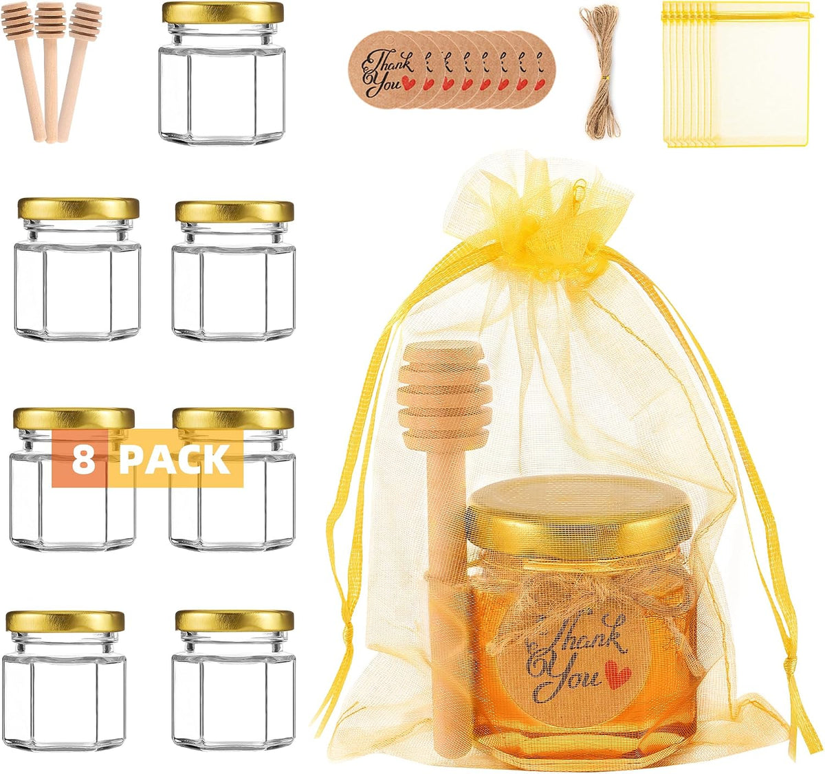 Vitreaux 1.5 oz Mini Glass Honey Jars Party Favors,8 Pack Small Hexagon Glass Honey Jars with Dippers,Lids,Gold Bags,Thank You Cards,Jutefor Baby Shower Favors,Wedding party gift