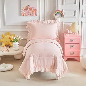 Ruffled Lace Toddler Bedding Set with Ruffle Fringe, Solid Color 4 Pieces Toddler Bed Set - 1 Cute Baby Comforter + 1 Fitted Sheet +1 Flat Sheet +1 Pillowcase for Baby Boys and Girls Light Pink