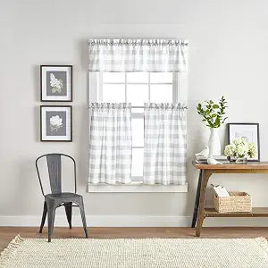 Curtainworks Buffalo Check Tier & Valance Set 56 x 36 in Grey White 3-Piece