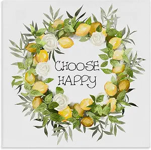 Choose Happy Lemon Roses Wreath, 24 x 24 Inch Canvas Wall Art