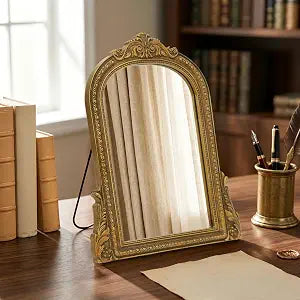 Besdomus Vintage Makeup Desk Mirror: 10x11.5 Inches Small Gold Table Vanity
