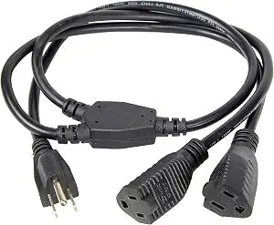 2 Way Power Splitter and 3' Extension Cord - 1 Pack - 1 to 2 Cable Strip with 3 Pronged Outlet and Y Style Extension Cord  Black - SJT 16 AWG  By Luxury Office