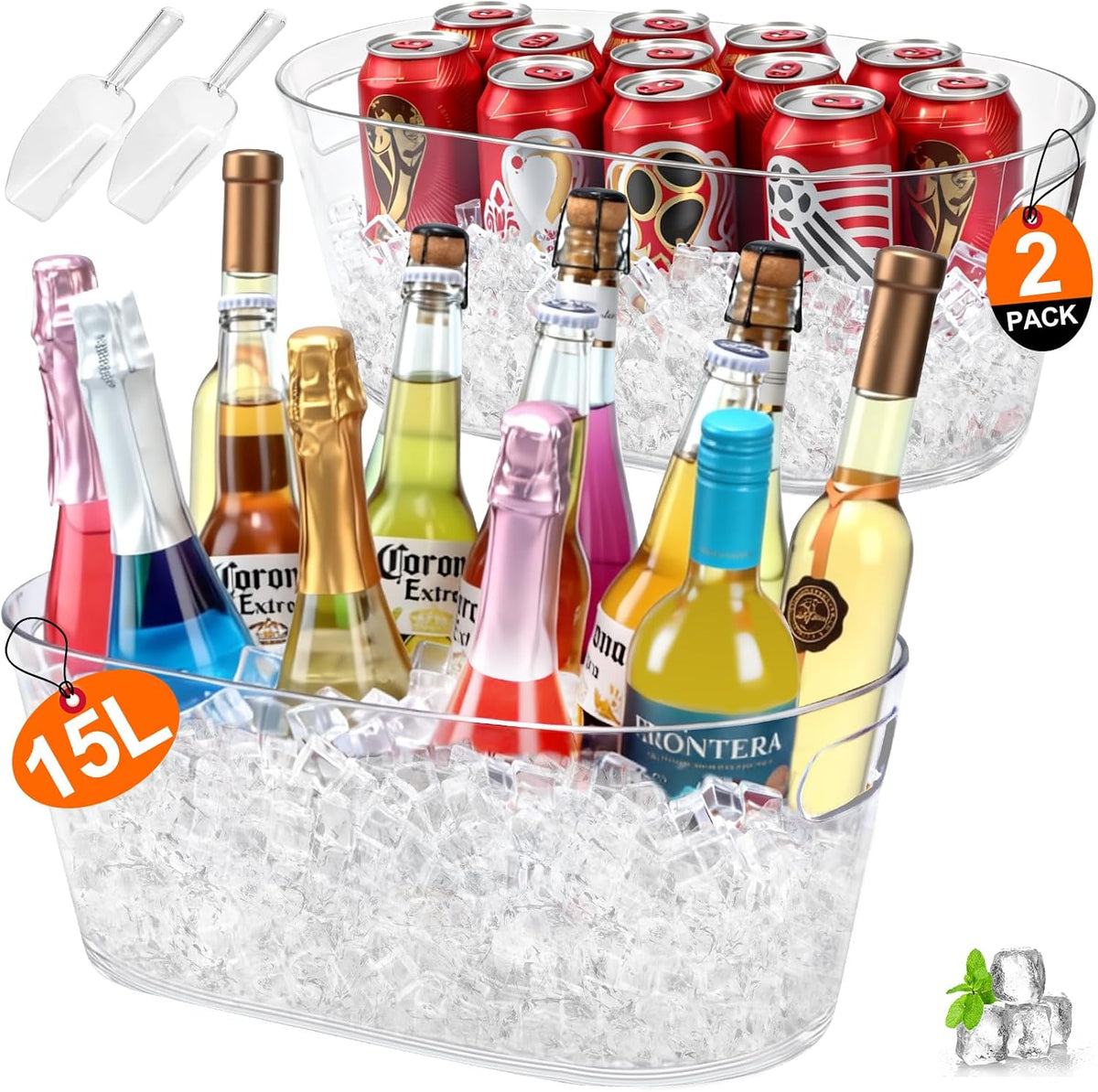 Ice Buckets for Parties 2 Packs, 15L Large Ice Bucket with 2 Scoops, Clear Acrylic Plastic Tub for Home Office Fridge Storage, Supplies for Champagne, Beer, Cocktail on Mimosa Bar Drinks and Parties