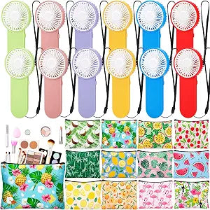 Copkim 24 Pcs Mini Handheld Fan and Hawaiian Cosmetic Makeup Bags Set Small Portable Personal Portable Fans for Hawaiian Men Women Outdoor Travel Camping Party Gift