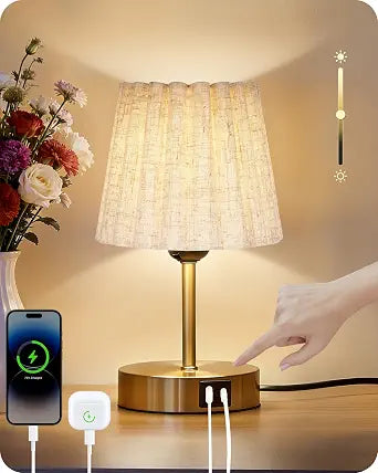 Small Bedside Table Lamp, Touch Dimmable Table Lamp with USB Ports, Nightstand Lamp with a Stepless Dimming LED Bulb, E26 Base, for Bedroom, Study, Desk, Gold and Beige DE16TL05