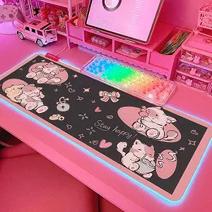 JMIYAV Pink RGB Gaming Mouse Pad 31.5x12 Inch PC XL Large Extended Glowing Led Light Up Desk Pad Non-Slip Rubber Base Computer Cute Mousepad Mat Desk Accessories Gaming Setup Happy Cat
