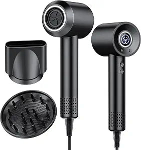 Hair Dryer, 180,000 RPM High-Speed Ionic Blow Dryer with Brushless Motor, 500 Million Negative Ions, LED Display, Low-Noise Professional Hairdryer for Fast Drying, Magnetic Diffuser for Home & Travel