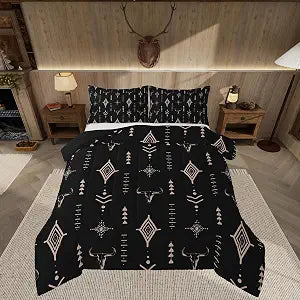 Feelyou Rustic Western Bedding Set Queen Size Kids Western Tribal Bull Skull Comforter Adult Black Brown Boho Ethnic Aztec Cow Pattern Comforter Set