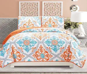 Grand Linen Twin Quilt Set - 2-Piece Reversible Floral Bedspread Coverlet with 1 Sham, Turquoise Blue & Orange Bohemian Bedding for Guest Bedroom & Vacation Home, Dorms All-Season Lightweight Blanket