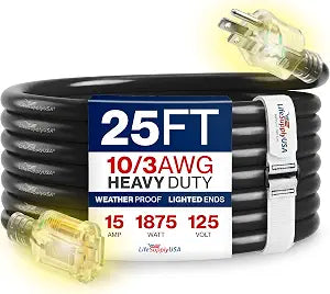 25ft Outdoor/Indoor Extension Cord 10/3 Gauge Ultra Heavy Duty 3 Prong SJTW (5-15P/5-15R), Waterproof, Flexible Cold-Resistant Long Power Cord,15A 125V 1875W, Black by LifeSupplyUSA