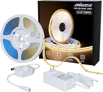 MIWISE COB LED Strip Light 32.8ft/10m,CRI 90+ Warm White 3000K High Lumen Dimmable Super Bright Flexible DC24V LED Tape Light with Controller/Dimmer,for Cabinet Home Office DIY Lighting Projects