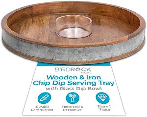 BIRDROCK HOME Wooden & Iron Chip Dip Serving Tray w/Glass Dip Bowl | Extra Large Decorative Kitchen Platter | Salsa, Guacamole, Veggies, Cheese | Decor for Coffee Table, Dining & Living Room - Round