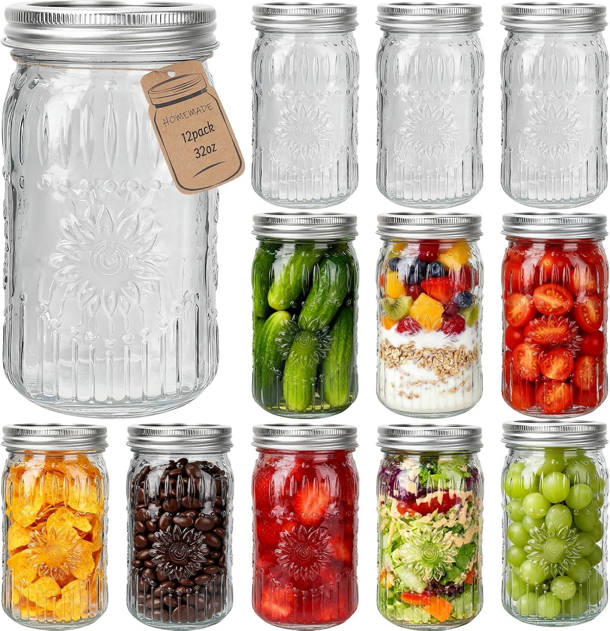 CycleMore Mason Jars 32oz, 12Pack Glass Canning Jars with Airtight Lids