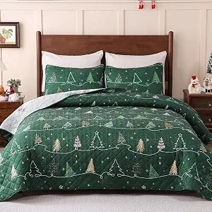 3 Piece Christmas Quilts Queen Size Christmas Tree Bedding Set, Reversible Lightweight Queen Bedspread Coverlet with 2 Pillow Shams, Green Winter Quilt Set for Christmas Decor, 90" x 90"