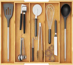 Lifewit Bamboo Utensil Organizer for Kitchen Drawer, Cooking Utensil Tray