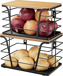 2 Pack Potato and Onion Storage Bins, Stackable Kitchen and Pantry Organizer with Bamboo Top & Lightweight PP Mat, for Vegetables, Fruit, Onion, Potato, Garlic - Pantry, Kitchen Storage Bins (Black)