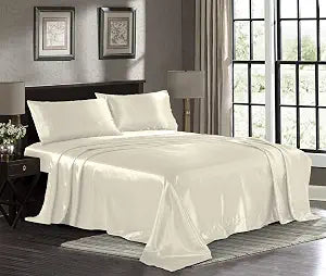 Pure Bedding Satin Sheets Queen [4-Piece, Ivory] Hotel Luxury Silky Bed Sheets Extra Soft 1800 Microfiber Sheet Set, Wrinkle, Fade, Stain Resistant Deep Pocket Fitted Sheet Flat Sheet Pillow Cases