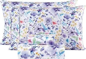 Mooreeke Floral Queen Sheets, Soft Breathable Microfiber Vintage Printed Bed Sheet Set, Deep Pocket Non-Slip Fitted Sheet Included, Purple Flower Pattern