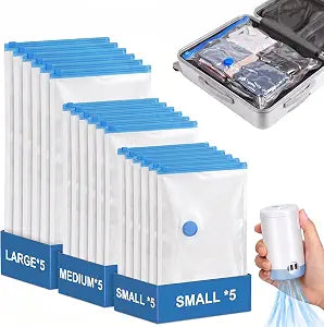 15 Pack Combo Travel Vacuum Bags with Electric Pump, Portable Storage Bags