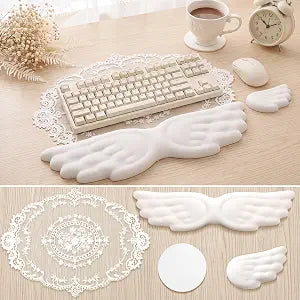 4 Pcs Cute Angel Wing Lace Keyboard Wrist Rest & Mouse Pad Coaster Set