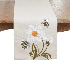 SARO LIFESTYLE Bee Floral Linen Blend Table Runner  Decorative Botanical Accent for Dining Tables, Consoles & Buffets, 16"x70"