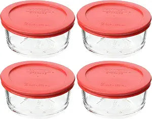 Pyrex 7200 2-Cup Glass Bowl & 7200-PC Red Lid (4-Pack) - Made in USA