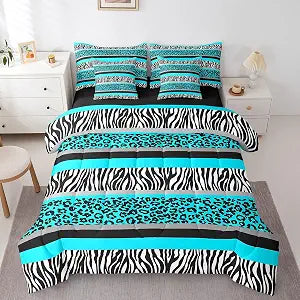 Feelyou Teel Blue Black White Zebra Leopard Fur Bed Set Kids Queen, Zebra Stripes 7 Piece Bedding Set Black Zebra Bed in a Bag Boys Girls Wild Animal Bedding Sets with Sheet Set and Cushion Cover