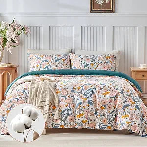 Lekesky 100% Cotton Queen Size Duvet Cover Set, Pink Floral