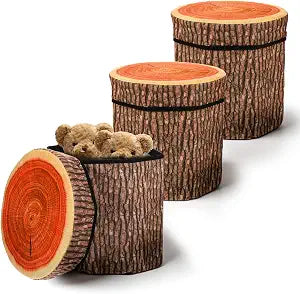 3 Pcs Tree Stump Storage Stool, 12 x 12 Inch Fiberboard Ottoman with Foam Cushion, Folding Toy Box and Foldable Seat Chest for Kids, Classic Design